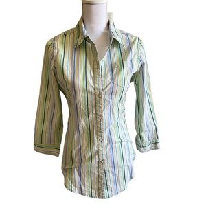 SUNDANCE Blue Green White Stripe Button Front Long Sleeve Stretch Blouse Top * S